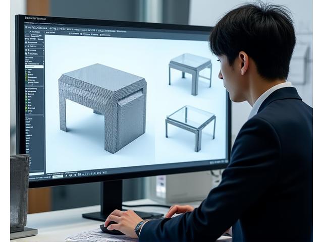 Tetsu no Kiの設計室。デザイナーが大型モニターで金属家具の3D CADモデルを操作している。背景には技術資料。