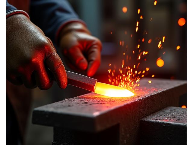 Tetsu no Kiの工房内。真っ赤に熱された金属を扱う職人の手元をクローズアップ。精密な作業と熱気が伝わる。