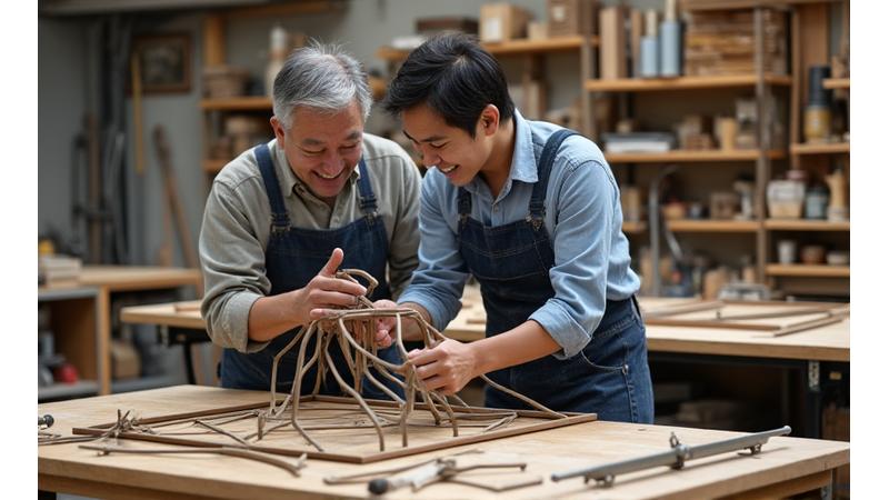 Tetsu no Kiの工房で、ベテラン職人と若手職人が協力して大型の金属製フレームを組み立てている。笑顔で教え合う姿。