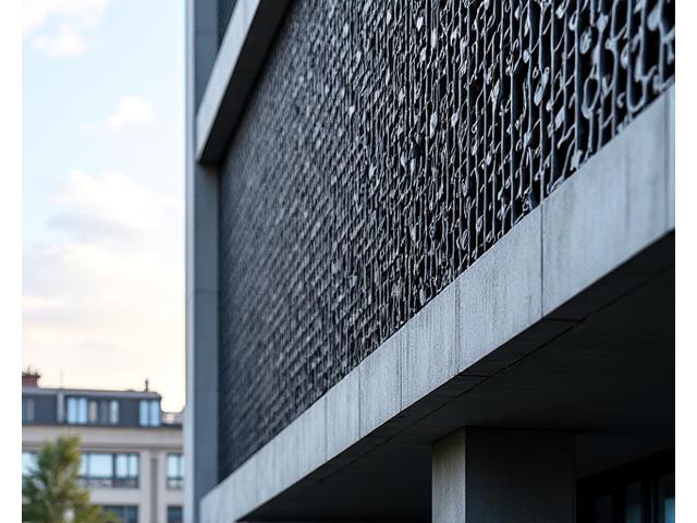 緻密な幾何学模様が施された建物のファサードに見える鍛造金物