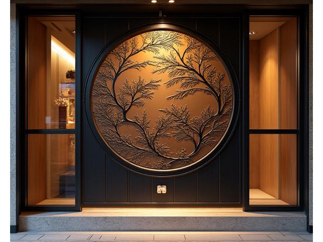 伝統的な日本家屋の入り口を飾る精緻な彫刻が施された鍛造看板