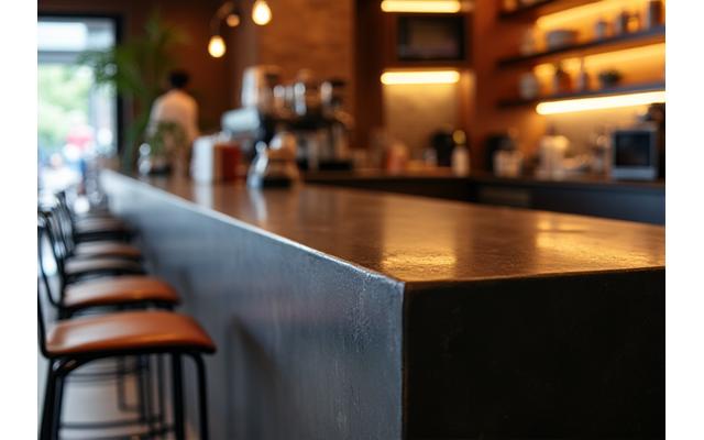 神楽坂のカフェに設置された重厚な金属製カウンター