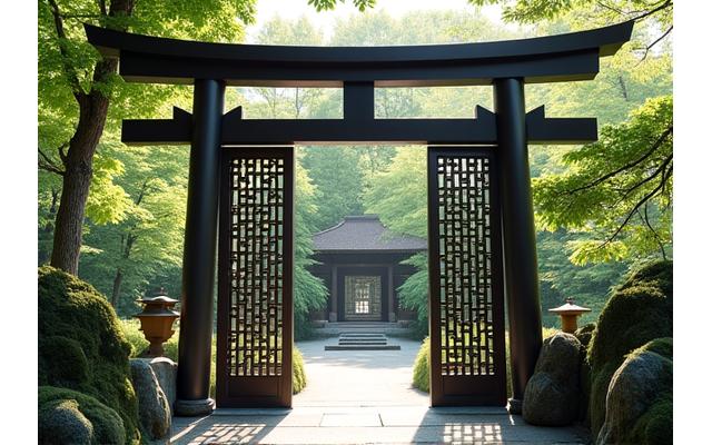 伝統的な日本庭園に調和する鍛造鉄製の門扉