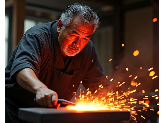 鍛冶職人田中正弘が火花を散らしながら鉄を鍛える姿