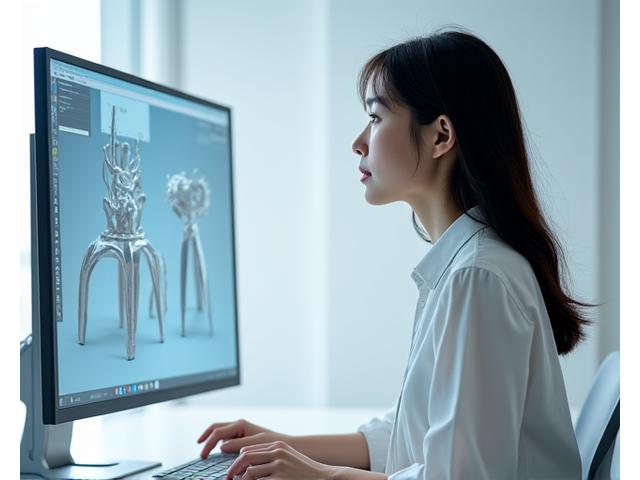 女性デザイナー齋藤由紀が3D CADで金属家具を設計している様子