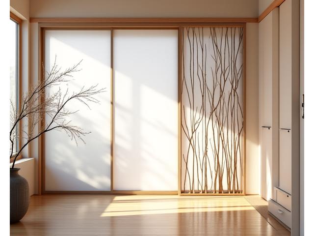 日本家屋のエントランスに設置された、木の枝をモチーフにした装飾アイアンの間仕切りスクリーン。自然光が差し込み影が美しい。