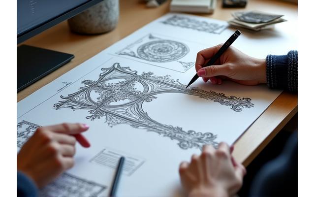 設計士と顧客がCAD図面を見ながらデザインを検討している様子。手書きのスケッチも添えられている。