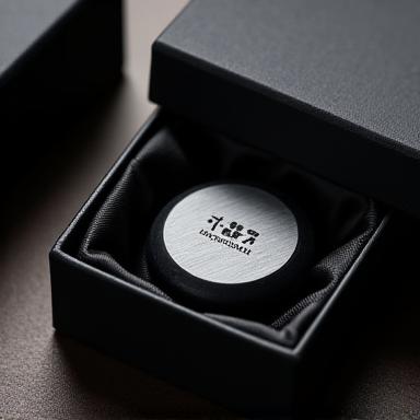 企業のロゴが刻印された小型の鉄製ペーパーウェイトと、高級感のあるギフトボックス。