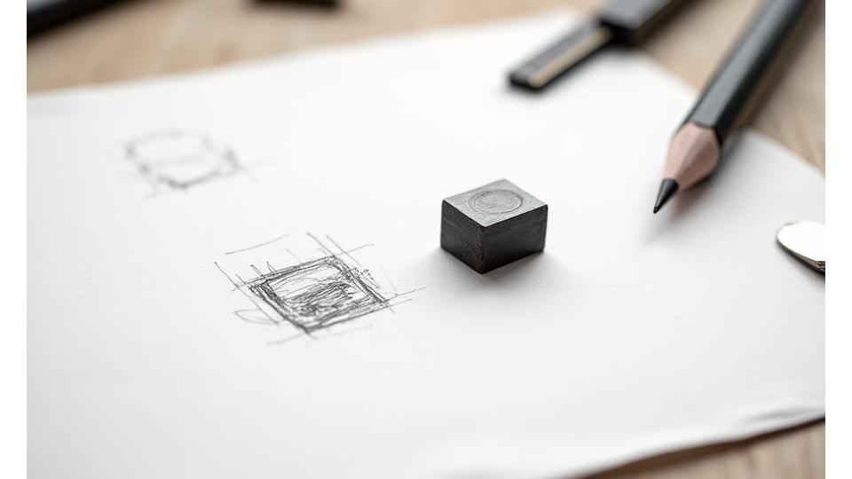 デザインスケッチと完成したばかりの小型鉄製品が並べられ、オリジナルデザインのプロセスを示す。