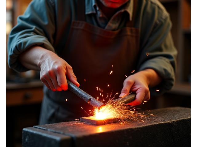 熟練の職人が金属加工を行う様子、手元に焦点