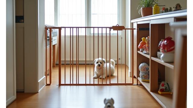 安全に配慮した設計の金属製ベビーゲートが、リビングとキッチンの間仕切りとして機能している。ペットの犬がその周りで遊んでいる。